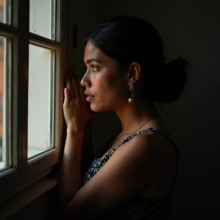 Mulher mid-size olhando pela janela com expressão melancólica, representando a poesia de Campos