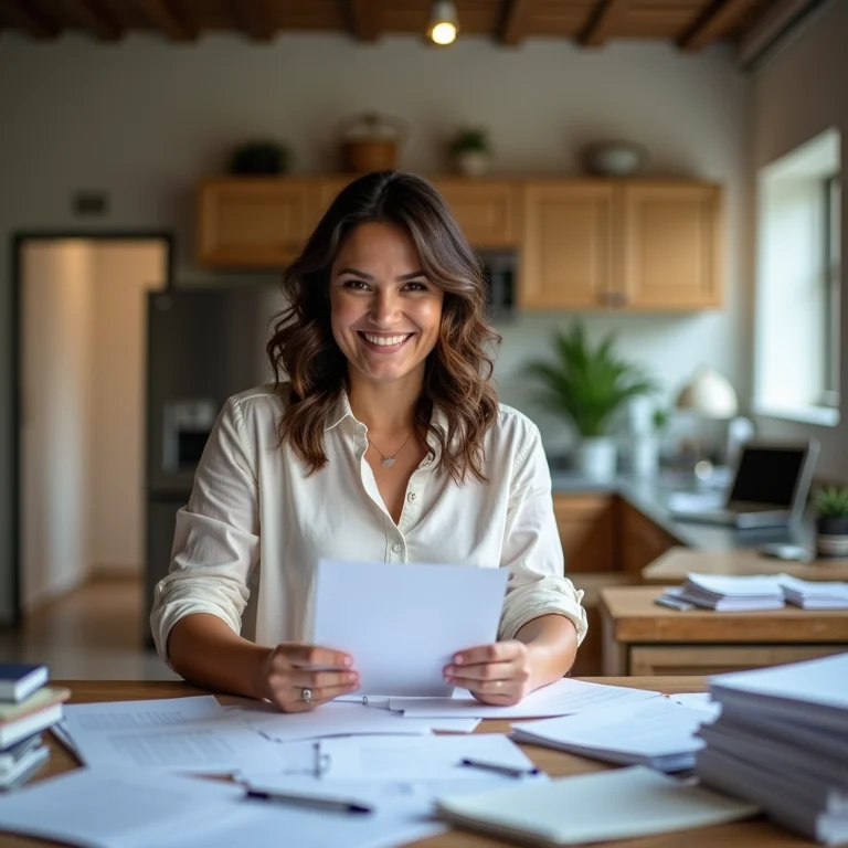 Mulher mid-size organizando documentos.