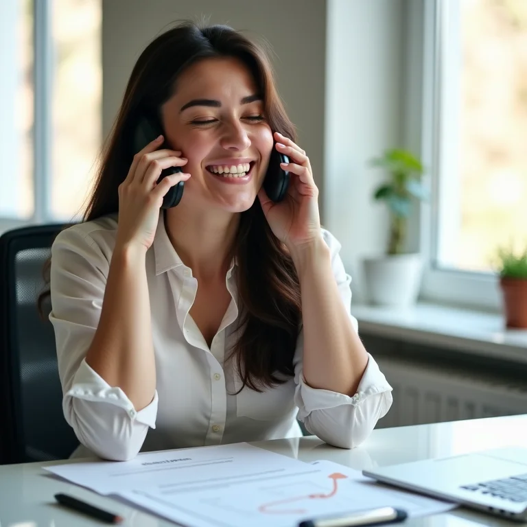 Mulher mid-size rindo ao telefone durante negociação de dívidas.
