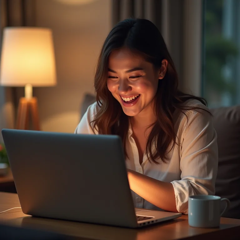 Mulher mid-size rindo ao usar o BlueStacks para rodar o Instagram no PC.