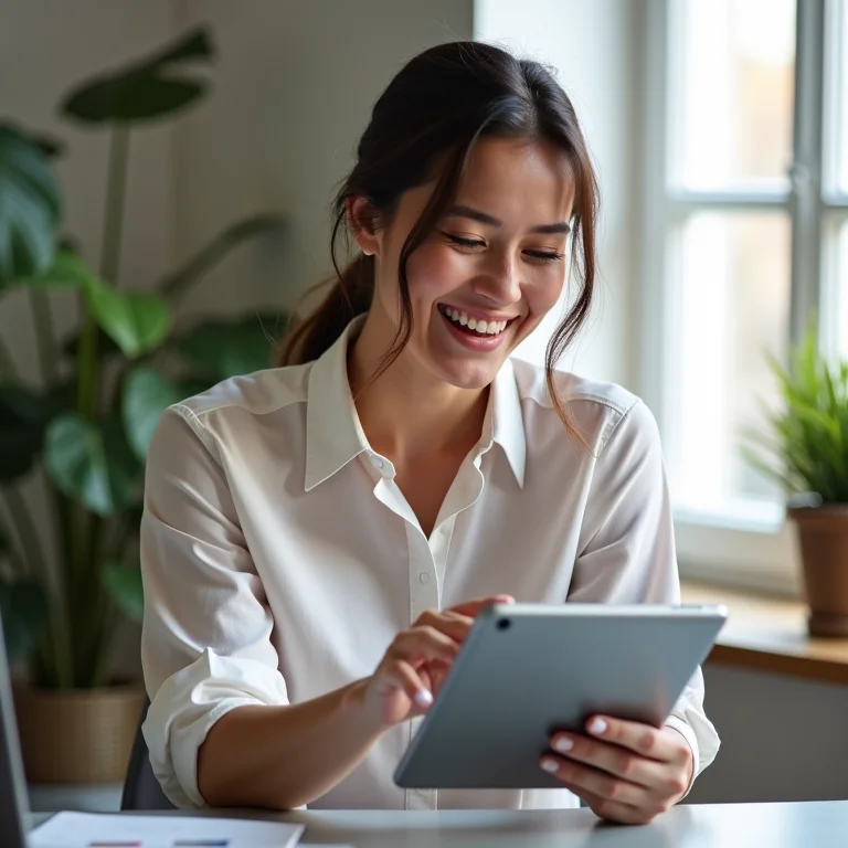 Mulher mid-size rindo ao usar o Trello em um tablet.