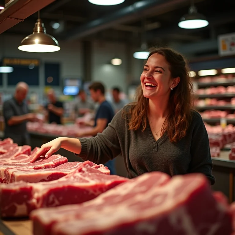 Mulher mid-size rindo em frente a display de carnes em atacado.