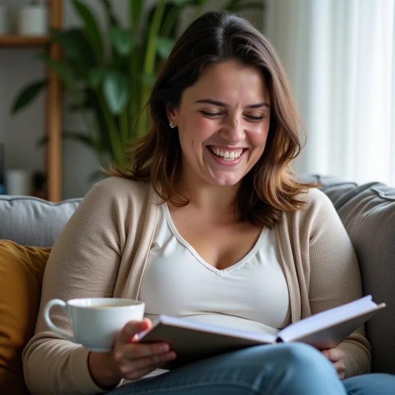 Mulher mid-size rindo enquanto ajusta seu planner.