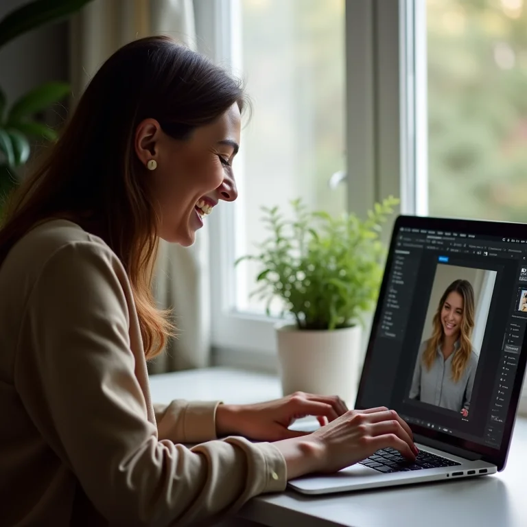 Mulher mid-size rindo enquanto edita foto no Movavi Photo Editor