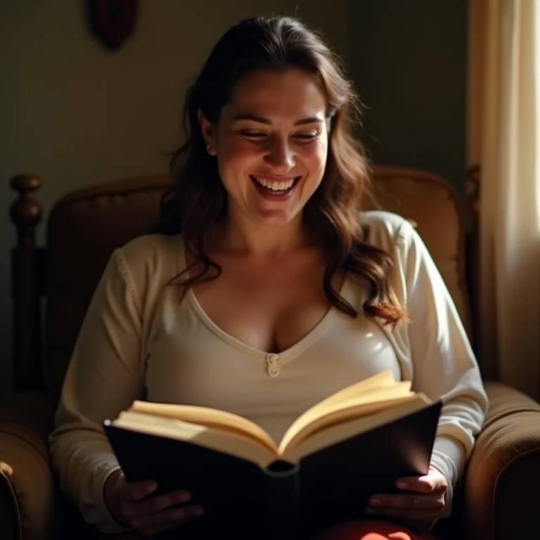 Mulher 'mid-size' rindo enquanto lê 'Morte e Vida Severina'.