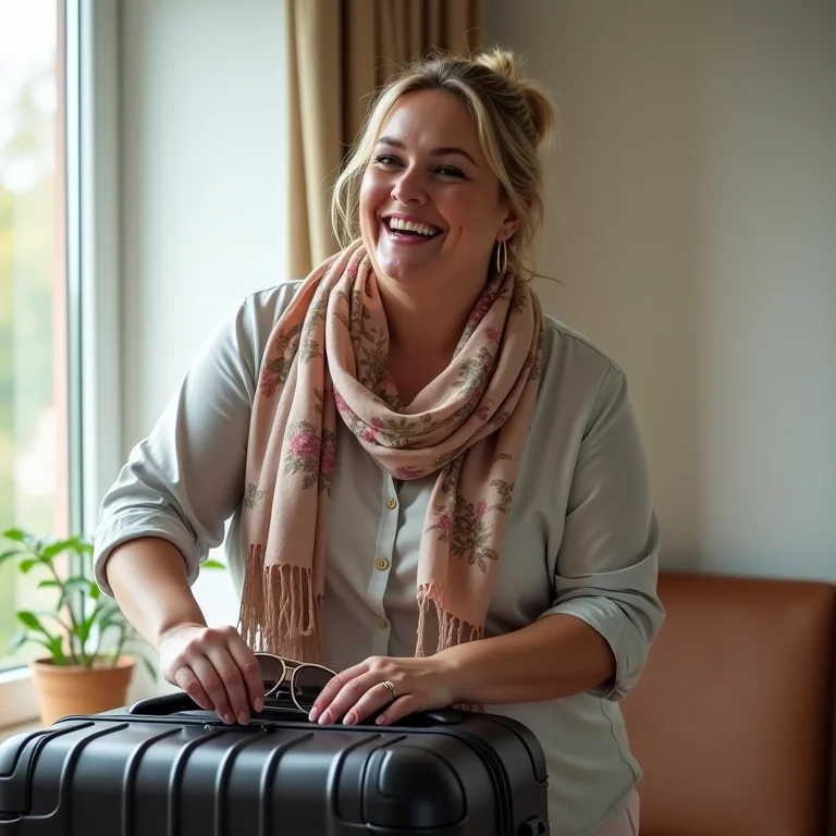 Mulher mid-size rindo enquanto organiza acessórios de viagem.