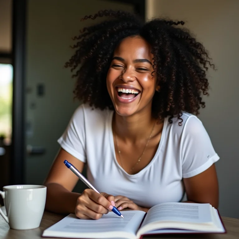 Mulher mid-size rindo enquanto planeja investimentos