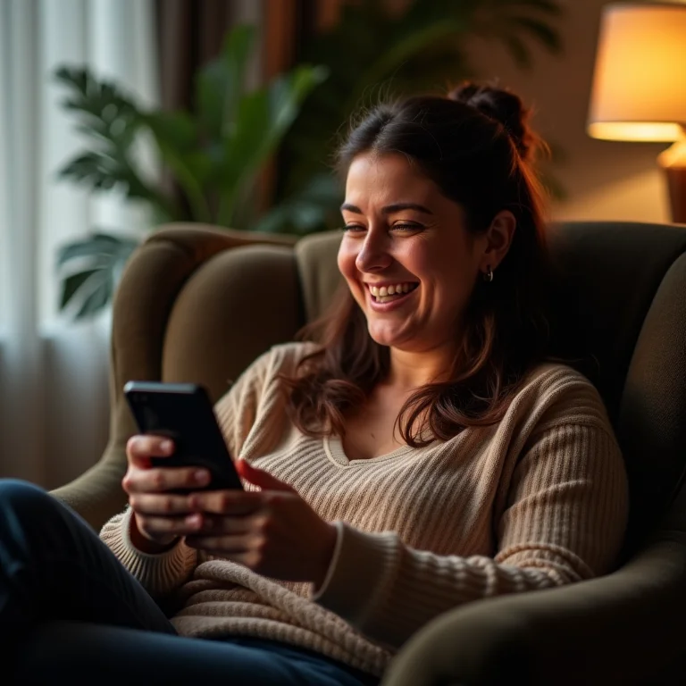 Mulher mid-size rindo enquanto usa aplicativo de podcast.