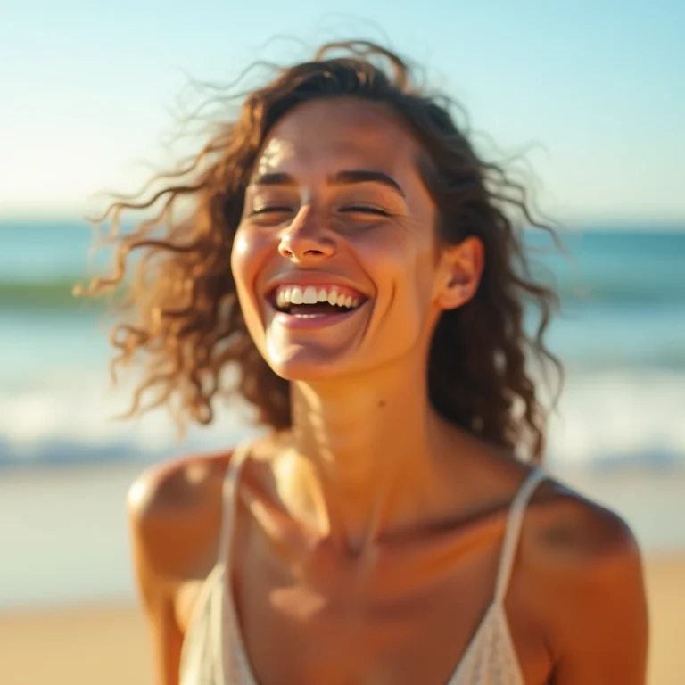 Mulher mid-size se despedindo dos Lençóis Maranhenses com um sorriso