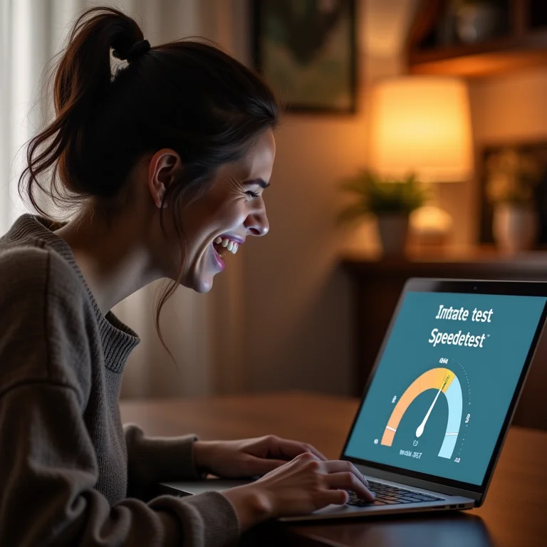 Mulher mid-size sorrindo ao usar o Speedtest by Ookla no laptop.