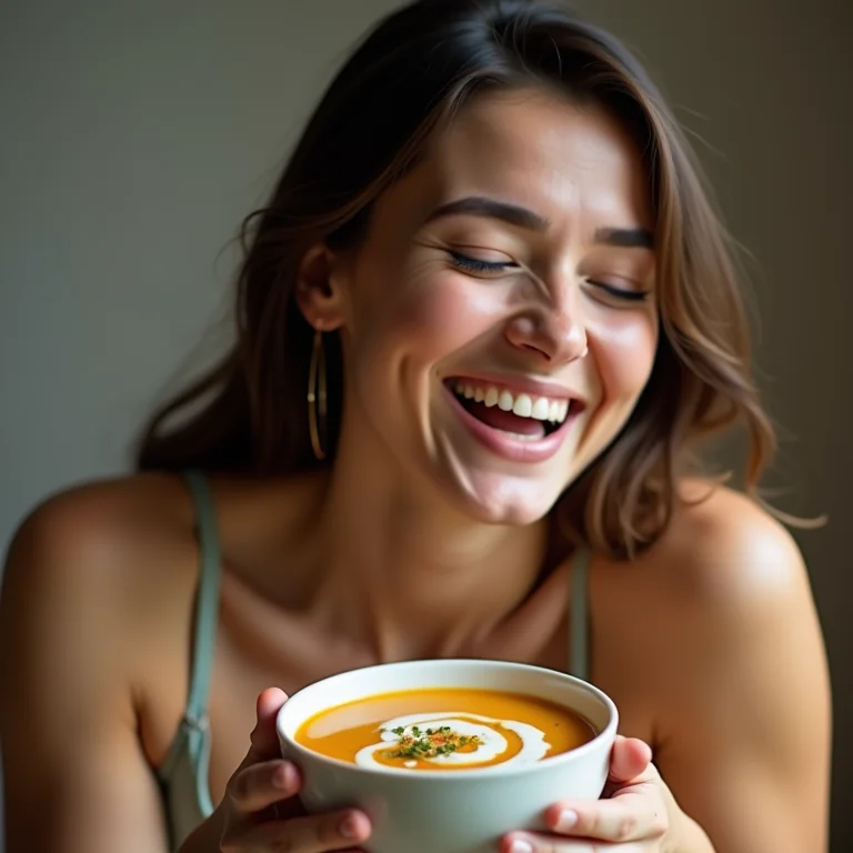 Mulher mid-size sorrindo enquanto adiciona leite de coco à sopa de abóbora.