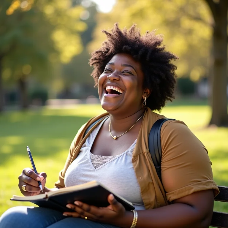Mulher mid-size sorrindo enquanto desenha em parque ensolarado