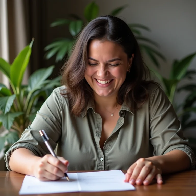 Mulher mid-size sorrindo enquanto escreve um cheque para si mesma, representando a definição de um pró-labore.