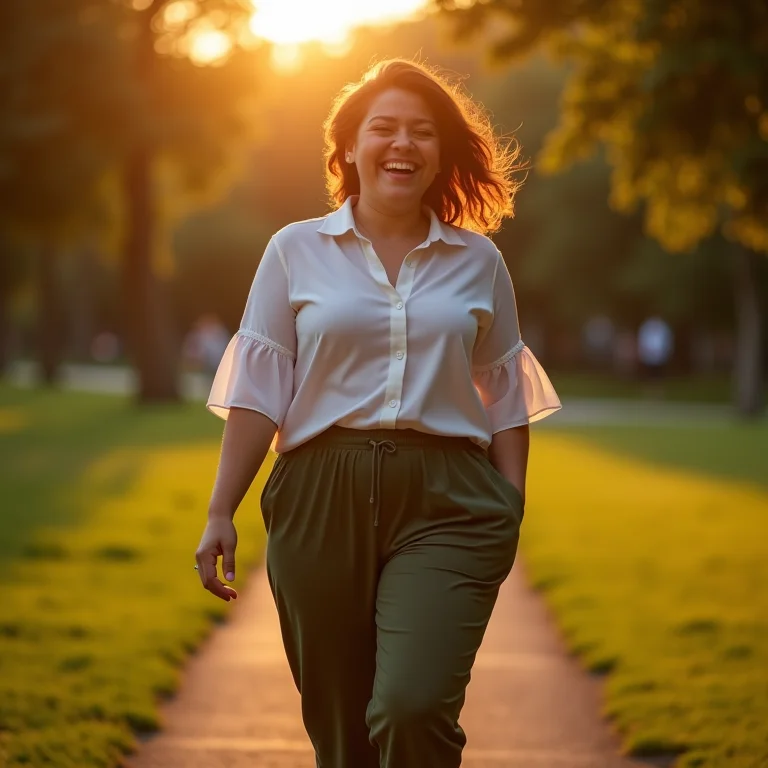 Mulher mid-size usando calça jogger com blusa elegante