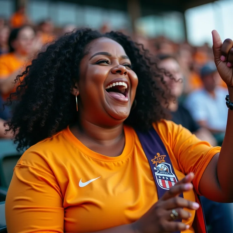 Mulher mid-size vibrando e torcendo em um estádio de futebol.