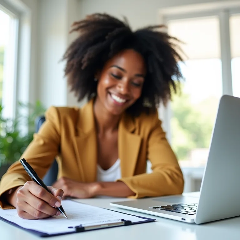 Mulher negra abrindo conta em corretora de valores