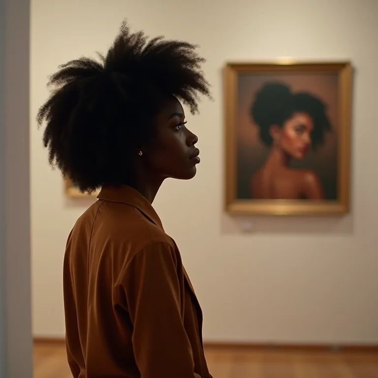 Mulher negra admirando arte moderna em uma galeria.