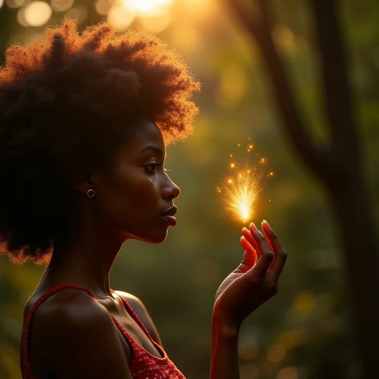Mulher negra admirando um espírito brilhante na floresta