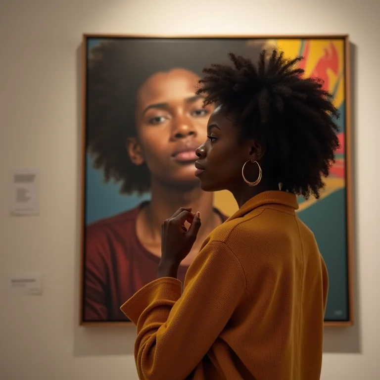 Mulher negra admirando uma obra de arte.