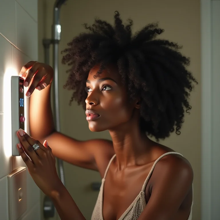 Mulher negra ajustando a temperatura do chuveiro elétrico.