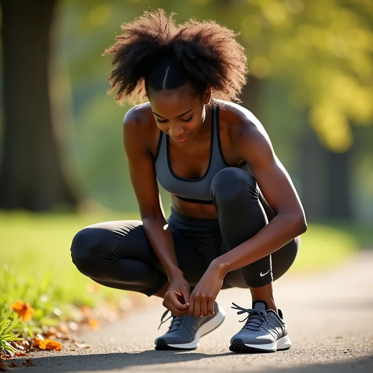 Mulher negra amarrando tênis de corrida antes de caminhar em parque