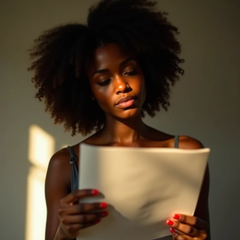 Mulher negra analisando documento com atenção.