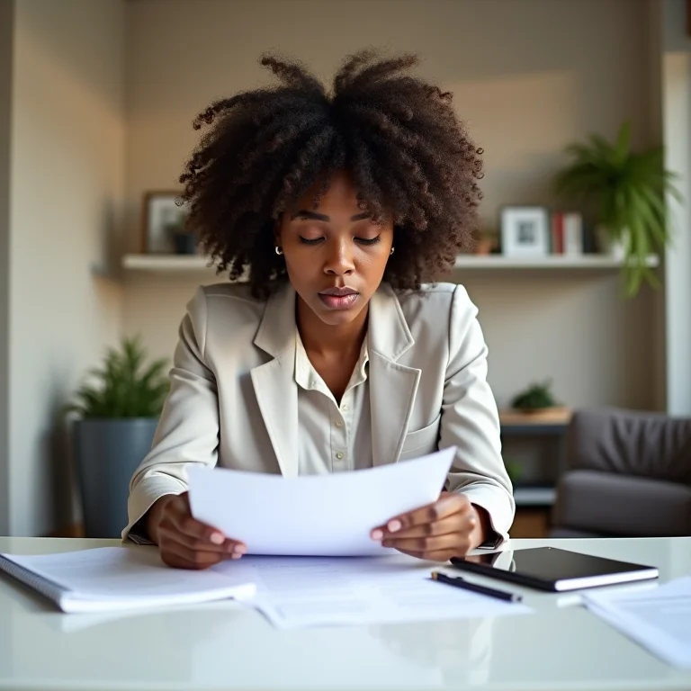 Mulher negra analisando documentos com expressão preocupada, representando a situação de MEI Inapto