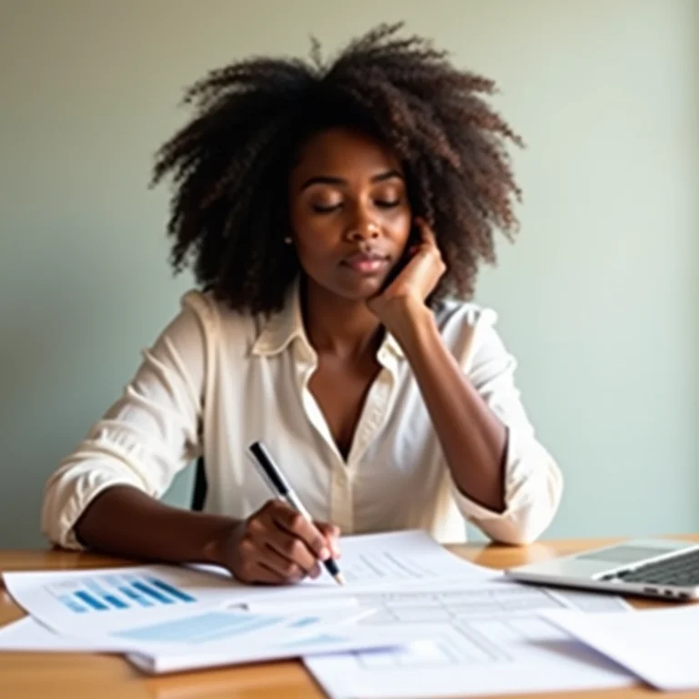 Mulher negra analisando documentos financeiros em sua mesa de trabalho, representando controle financeiro aprimorado.