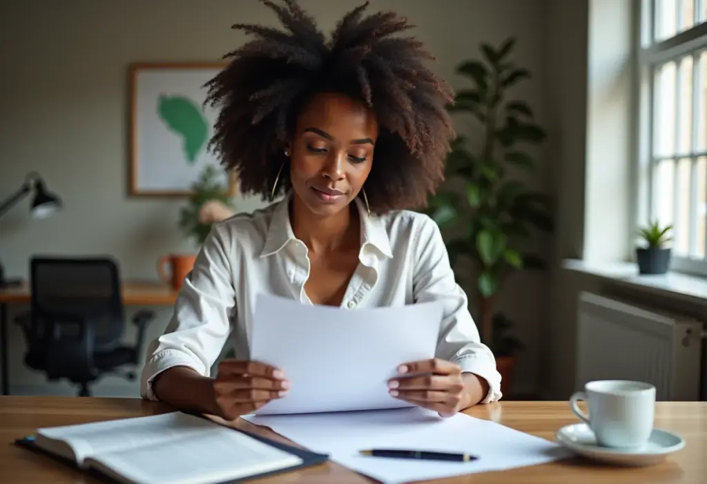 Mulher negra analisando documentos para licitação pública