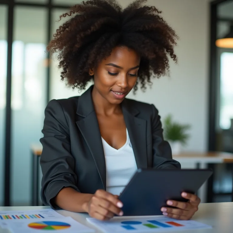 Mulher negra analisando gráficos financeiros em um tablet.