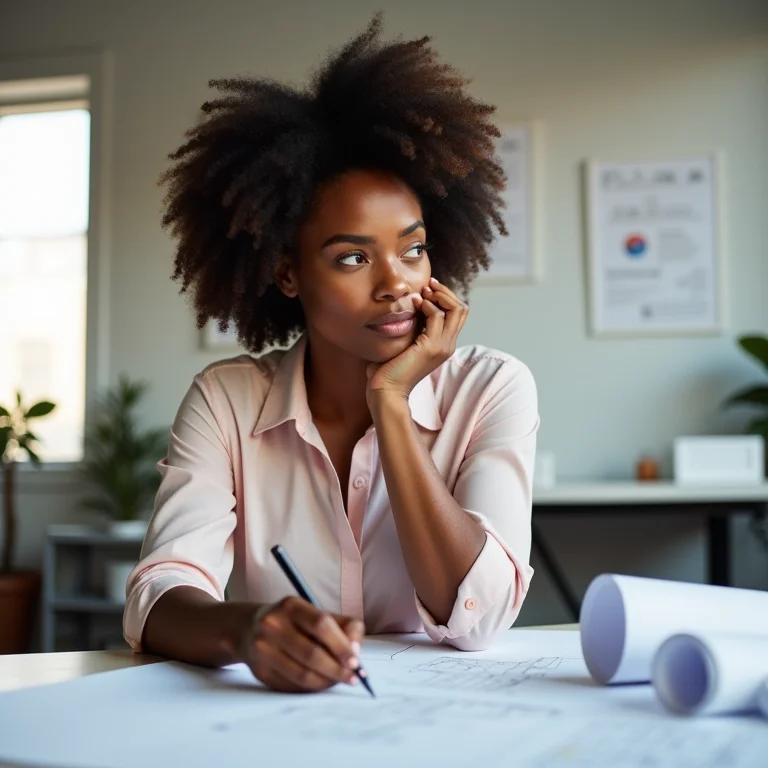 Mulher negra analisando plantas arquitetônicas