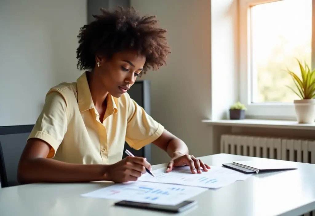 Pretensão salarial: A resposta ideal na entrevista (e o que evitar) Mulher negra analisando proposta salarial em ambiente de trabalho moderno