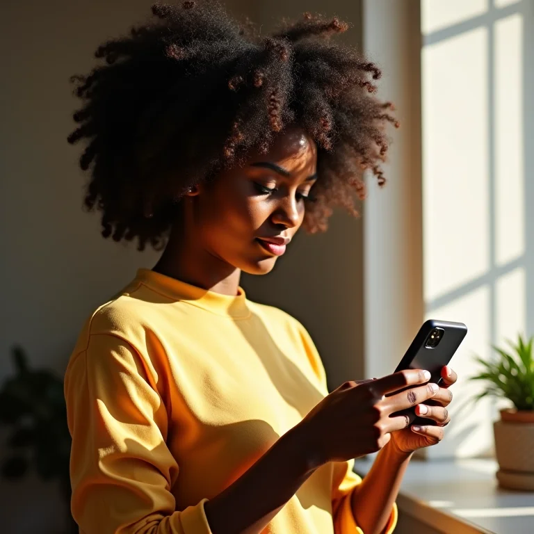 Mulher negra analisando selos e códigos da caixa do iPhone