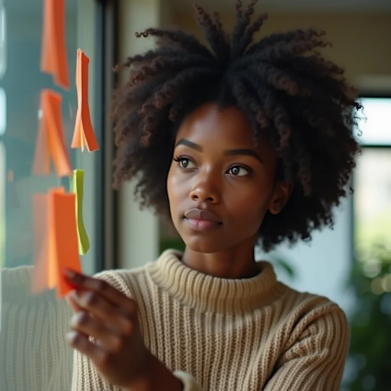 Mulher negra analisando seu fluxo de trabalho.