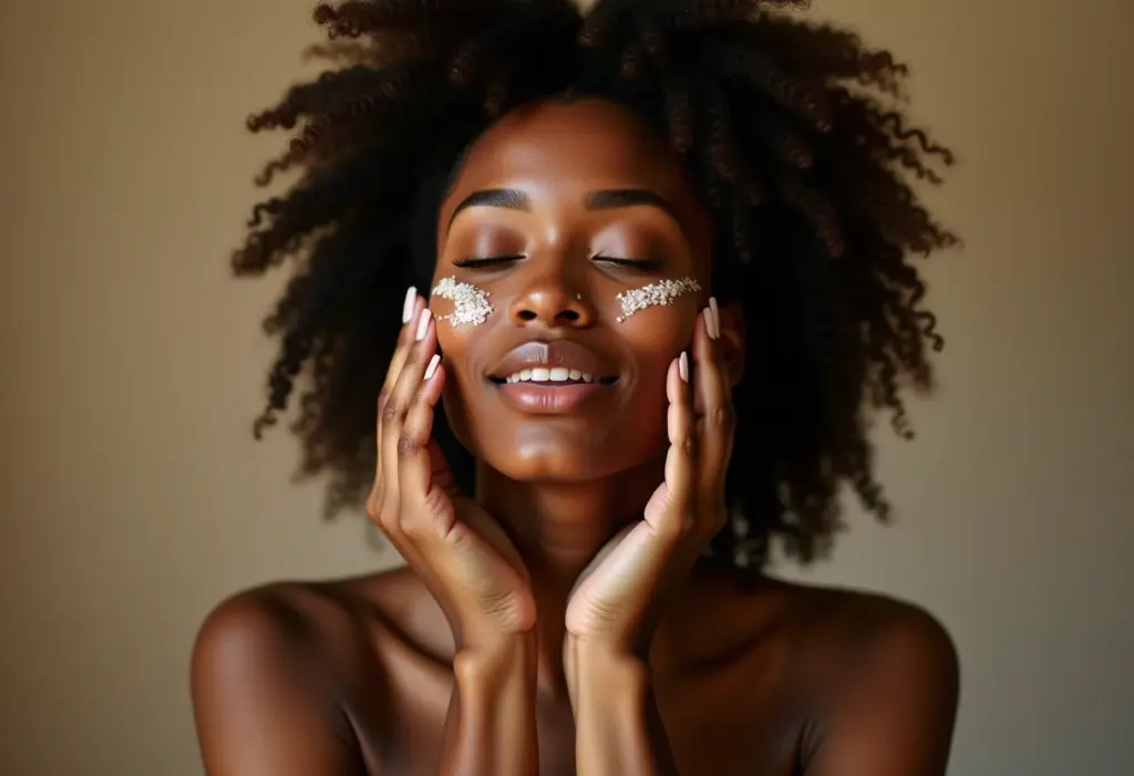 Água de arroz: o segredo de beleza coreano para pele e cabelo Mulher negra aplicando água de arroz no rosto