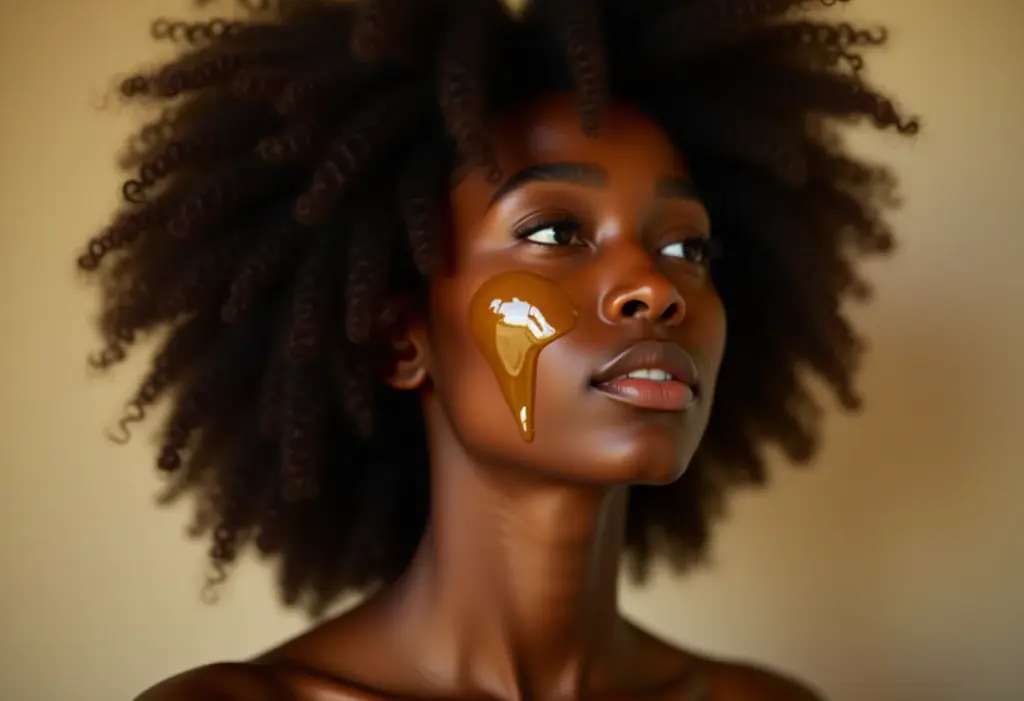 Mulher negra aplicando azeite no cabelo para umectação