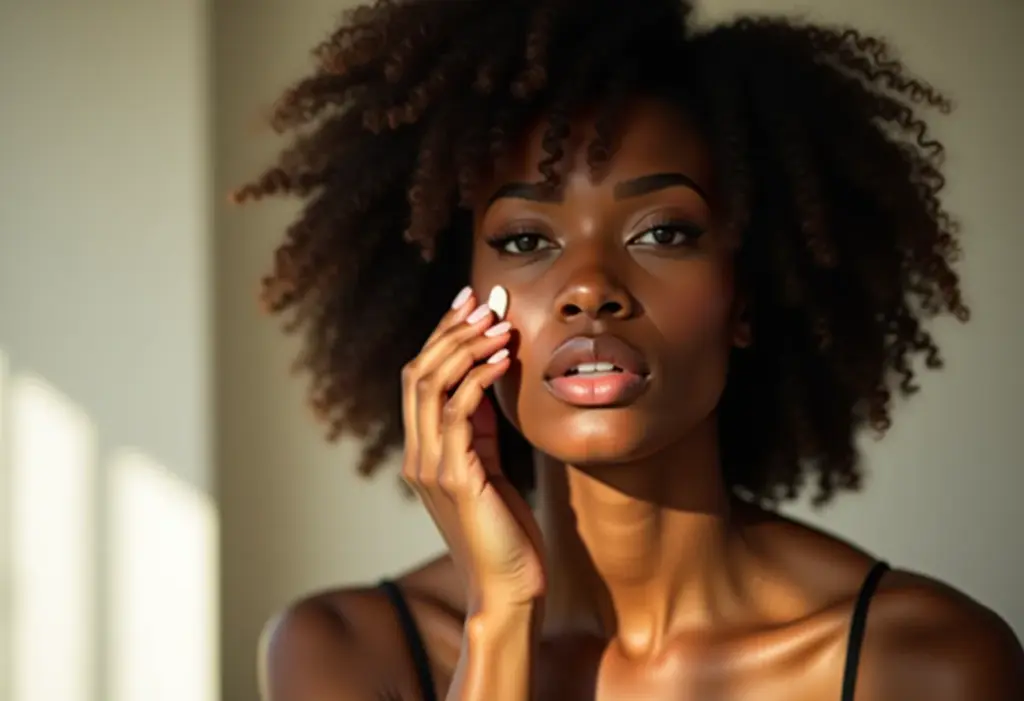 Mulher negra aplicando corretivo para olheiras escuras