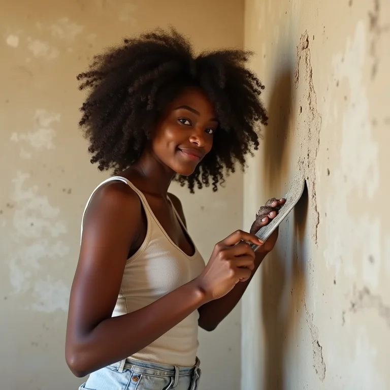 Mulher negra aplicando textura com argamassa na parede