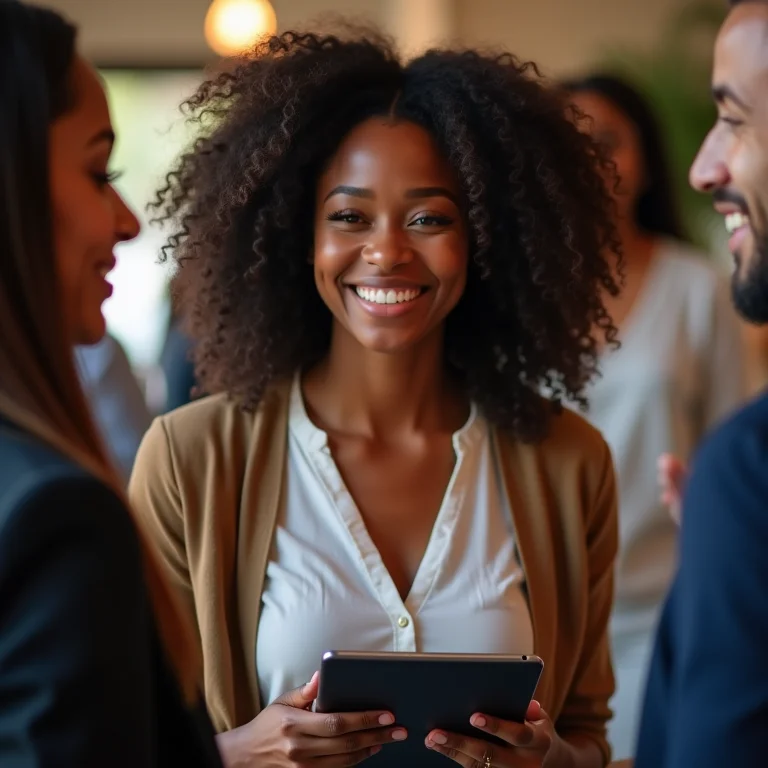 Mulher negra apresentando cartão de visita digital
