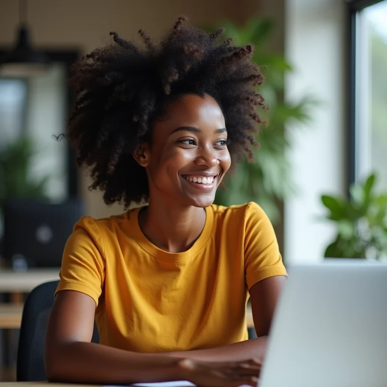 Mulher negra aproveitando os benefícios da organização na nuvem.