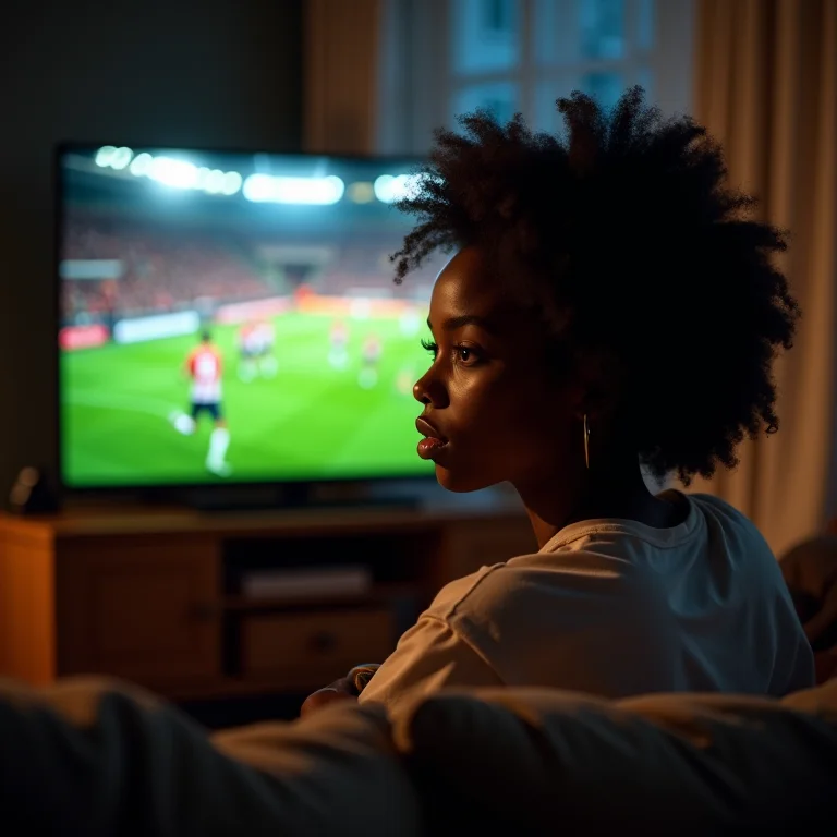 Mulher negra assistindo a jogo de futebol com expressão intensa.