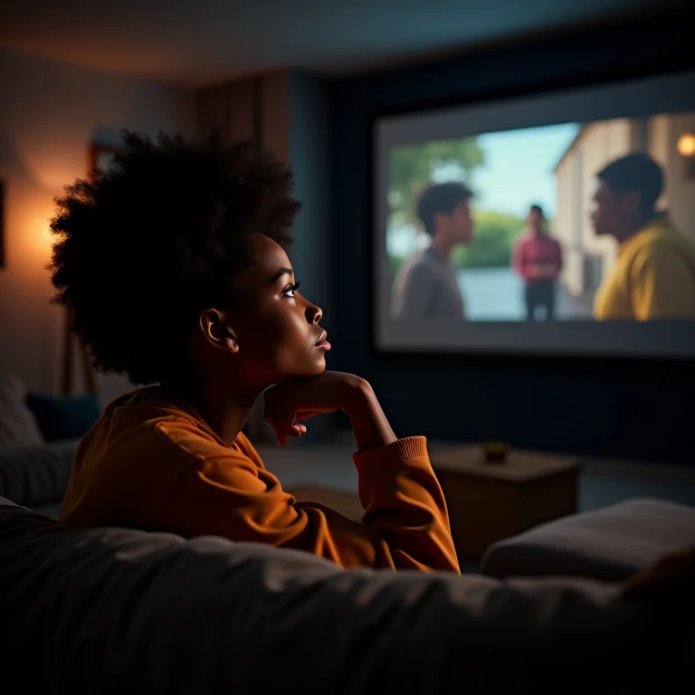Mulher negra assistindo a um filme de super-herói independente.