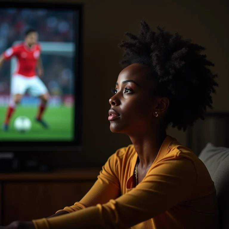 Mulher negra assistindo a um jogo de futebol na TV