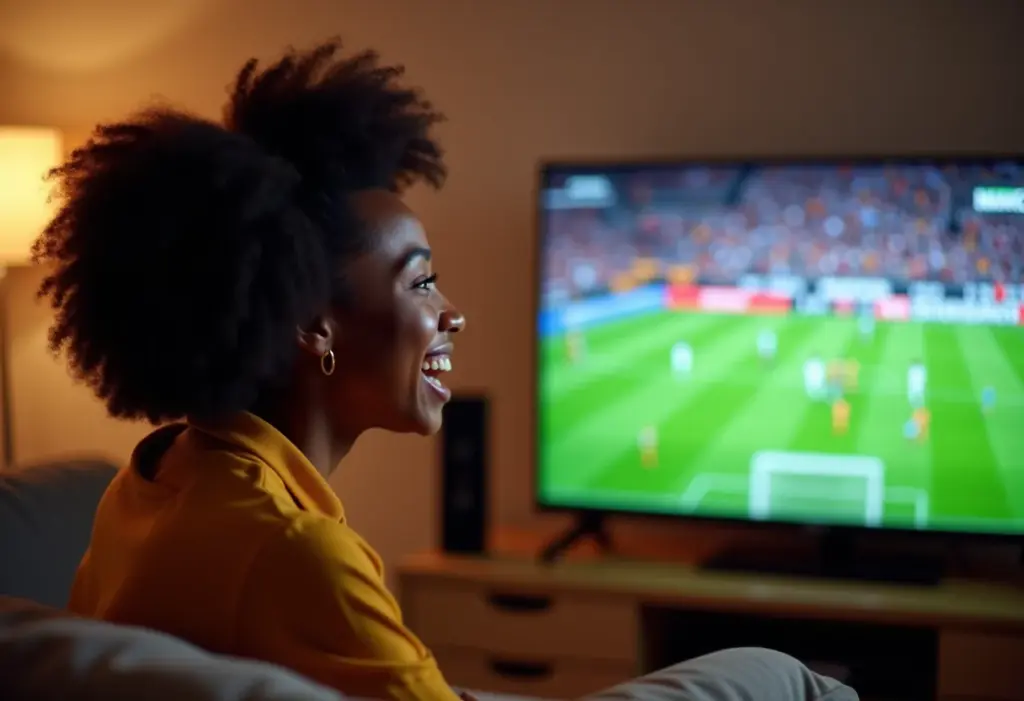 Mulher negra assistindo jogo de futebol animadamente