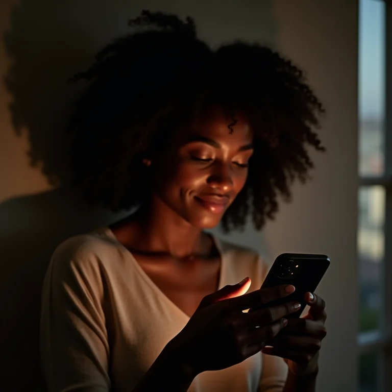 Mulher negra ativando modo escuro no iPhone