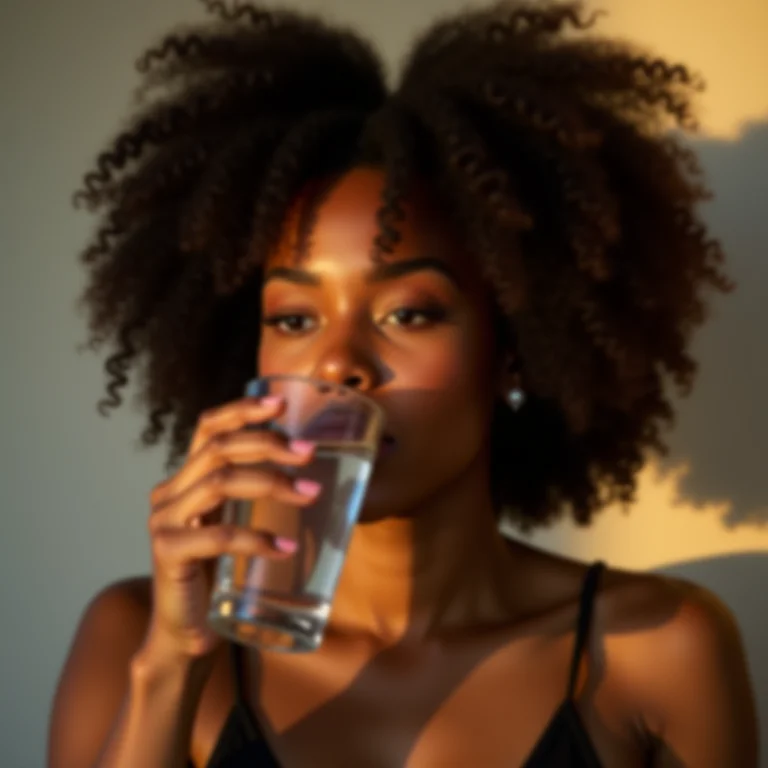 Mulher negra bebendo água com limão pela manhã