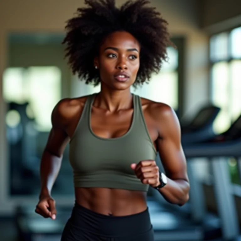Mulher negra caminhando rapidamente na esteira
