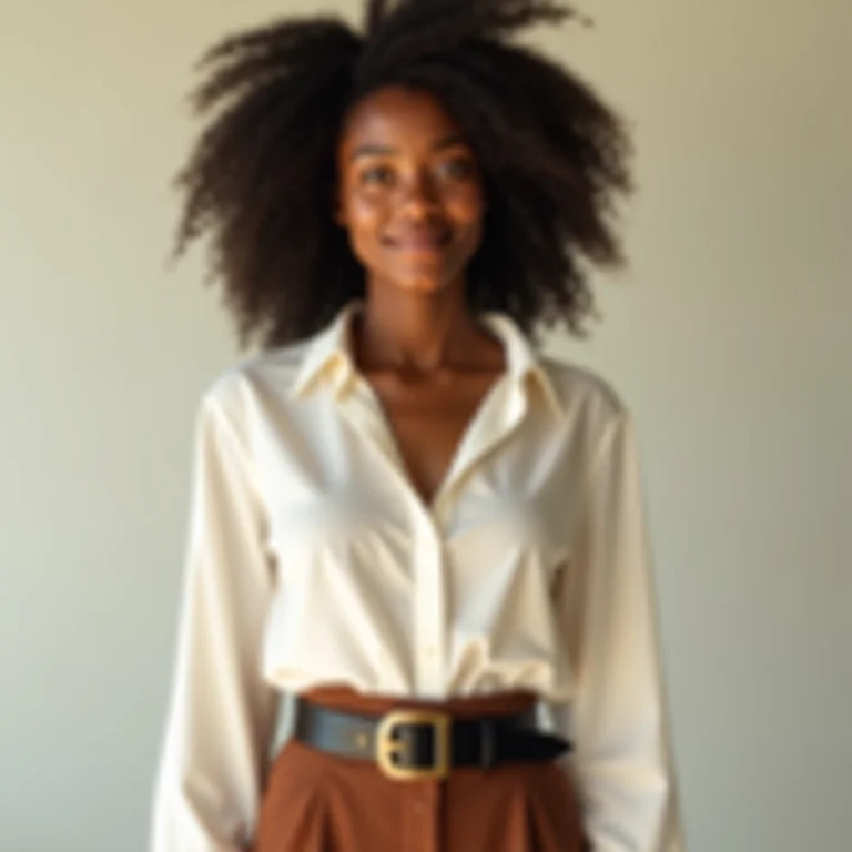 Mulher negra com blusa para dentro e cinto