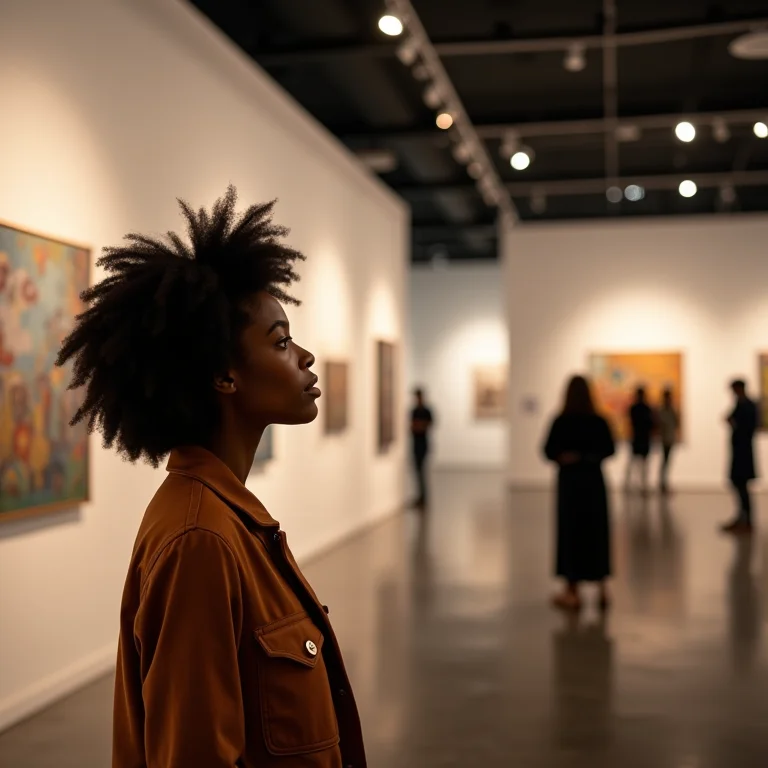 Mulher negra com cabelo cacheado admirando instalação de arte na exposição AI 50