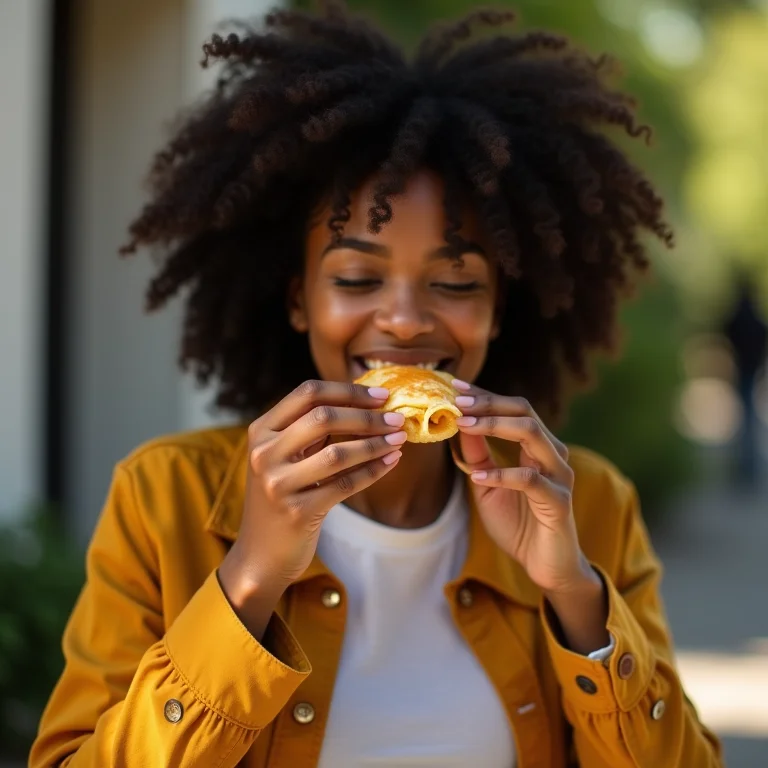Mulher negra com cabelo cacheado comendo crepe